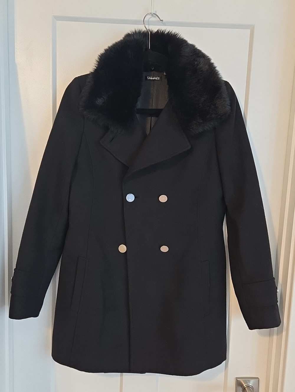 Tahari Black Faux Fur-Collar (Removable) Double-Breasted Peacoat-Size Small
